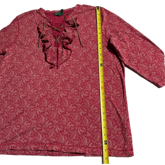 LRL Lauren Jeans Co Red Floral 3/4 Sleeve Lace Up Top Ruffle Women’s Size 1X - Picture 8 of 9